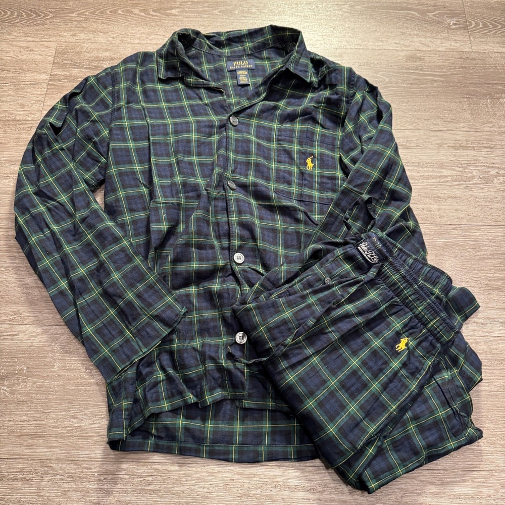 Polo Ralph Lauren Pajama Set Mens S Green Plaid Cotton Woven Flannel Sleepwear